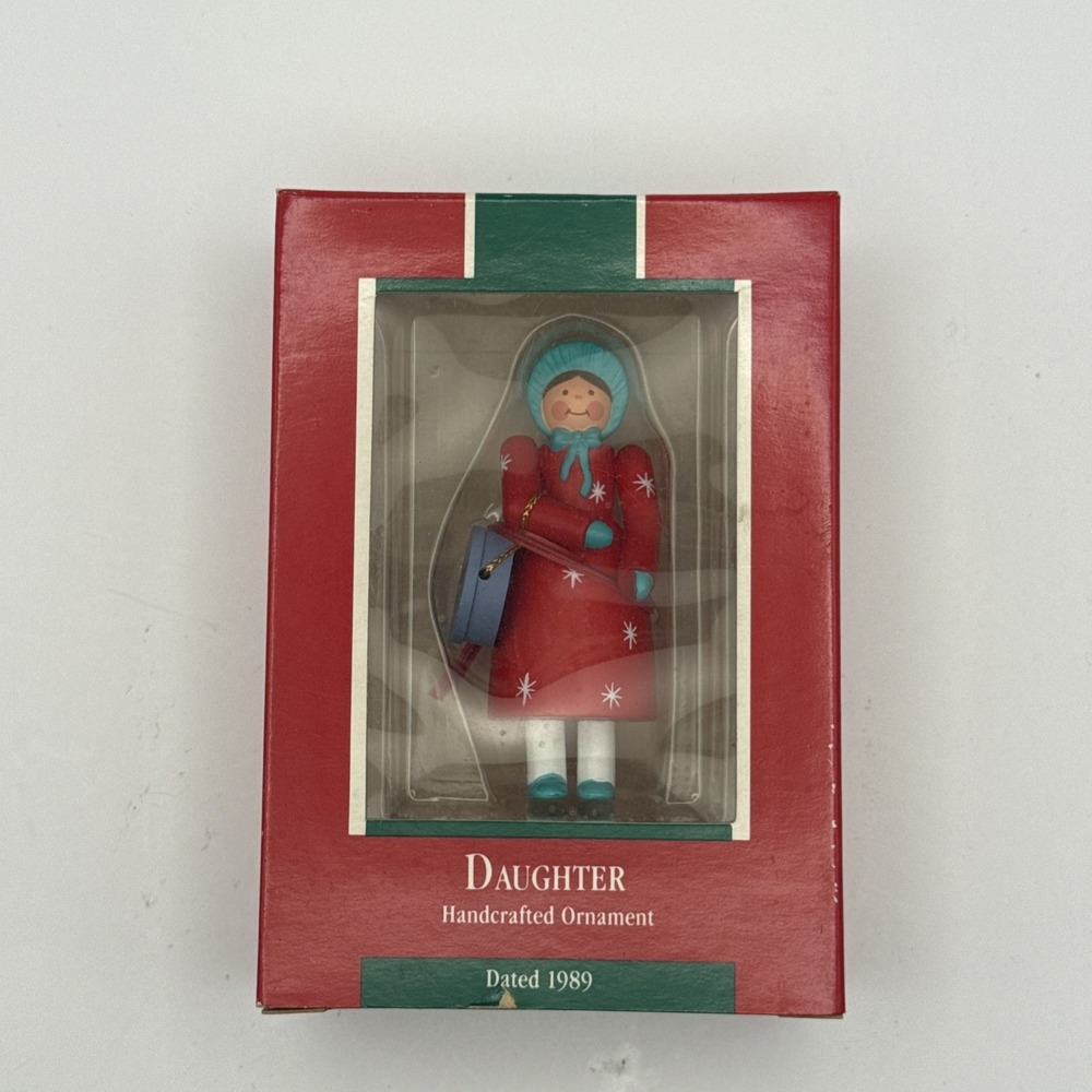 1989 Hallmark Handcrafted Ornament - DAUGHTER GIRL WITH A HAT BOX- NOS See Pics
